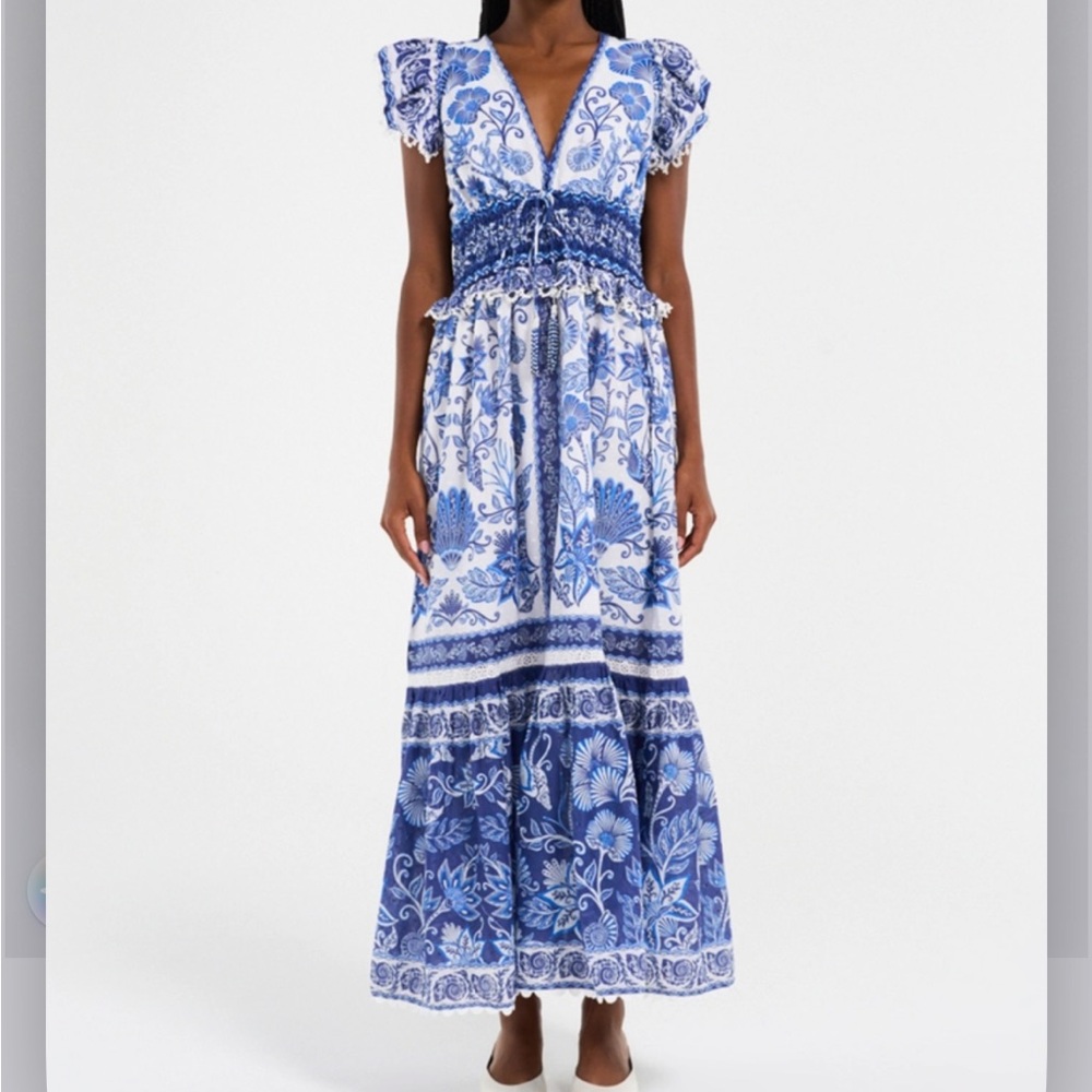 FARM RIO Blue White Floral SHELL GARDEN MAXI DRESS L
